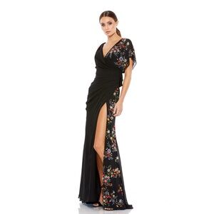 MAC DUGGAL FAUX WRAP MULTI COLORED BEADED FLORAL GOWN